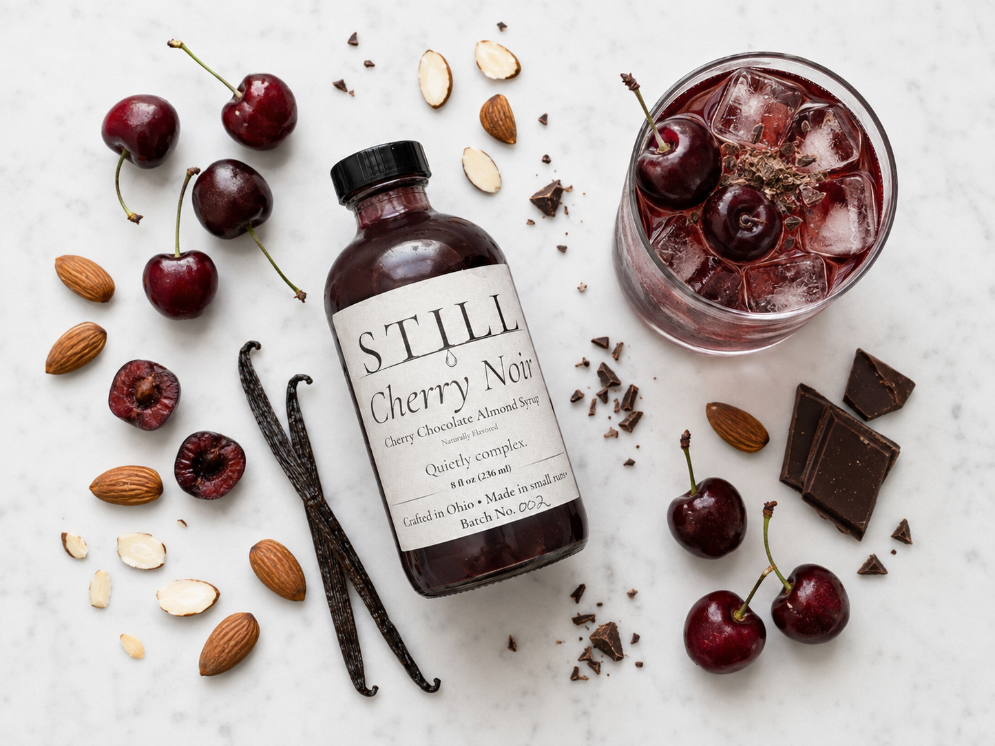STILL Cherry Noir syrup with cherries almonds chocolate and a cherry drink