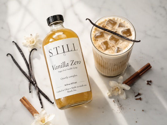 STILL Vanilla Zero sugar-free vanilla syrup with an iced vanilla latte
